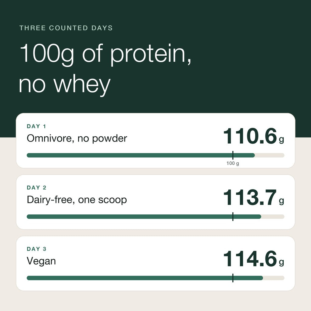 Chart of three days at 100g of protein without whey: 110.6g, 113.7g and 114.6g
