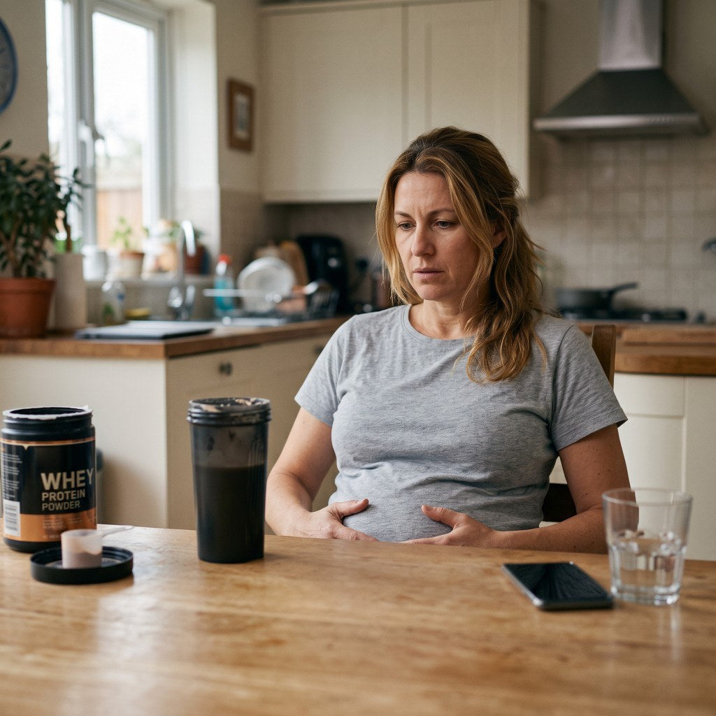 Woman at a kitchen table holding her stomach beside a protein shaker and tub