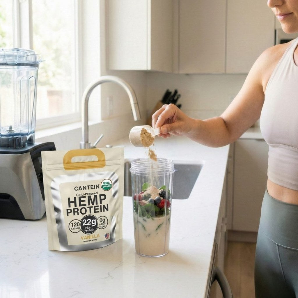 Woman adding a scoop of Cantein hemp protein to a smoothie, vanilla bag on the counter