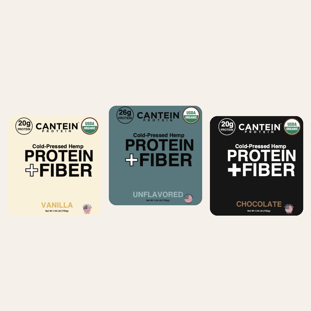 Protein + Fiber labels in vanilla, unflavored and chocolate