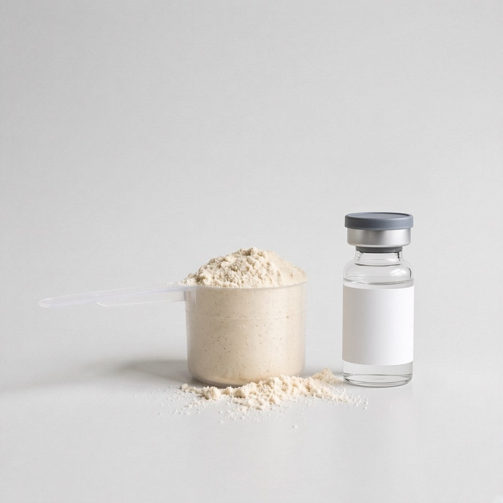 Scoop of protein powder next to a small medication vial