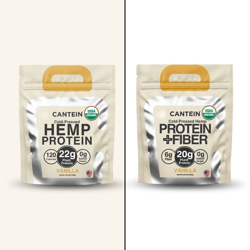 Original vanilla hemp protein next to vanilla Protein + Fiber