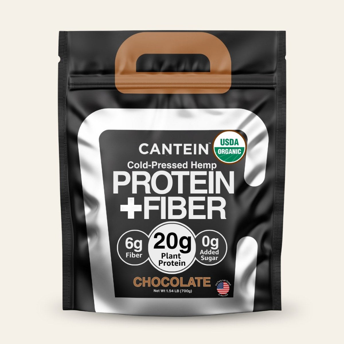 Organic chocolate hemp Protein + Fiber bag: 6g fiber, 20g protein, 0g added sugar, 700g