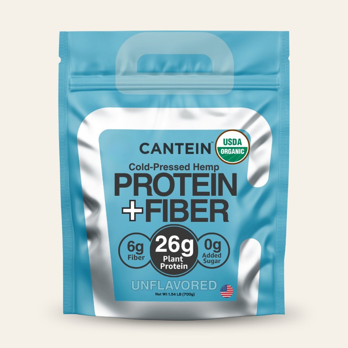 Organic unflavored hemp Protein + Fiber bag: 6g fiber, 26g protein, 0g added sugar, 700g