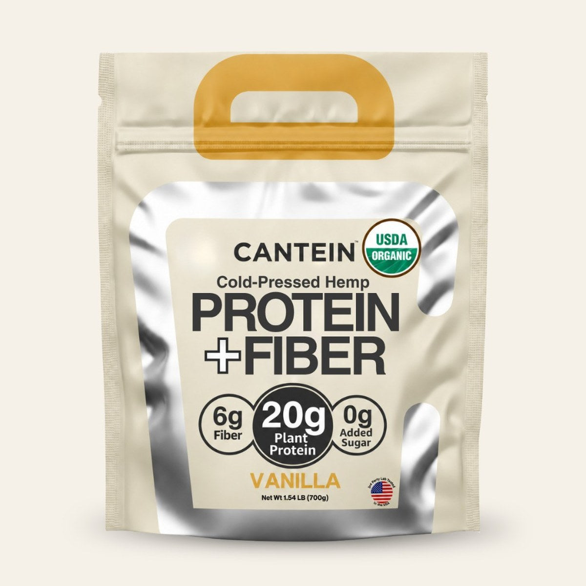 Organic vanilla hemp Protein + Fiber bag: 6g fiber, 20g protein, 0g added sugar, 700g